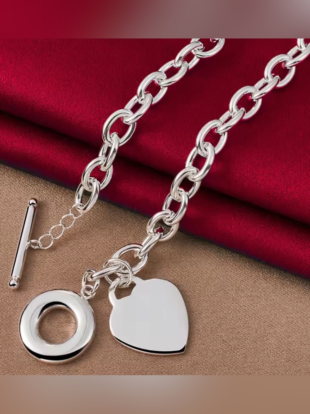 Silver Toggle Chain Necklace - Link Design Heart Charm! - Picture 2 of 9